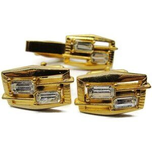 Cufflinks Set w Tie Clasp Gold Tone Emerald Cut Rhinestone Dress Suit Vintage